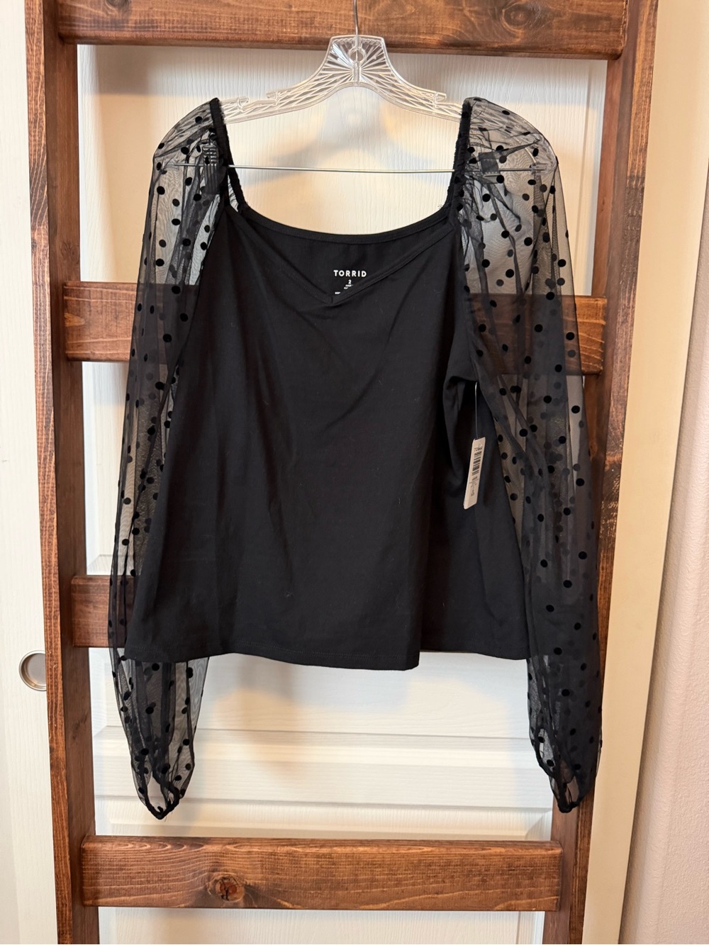torrid Black Scoop Neck Top with Polka Dot Mesh Sleeves